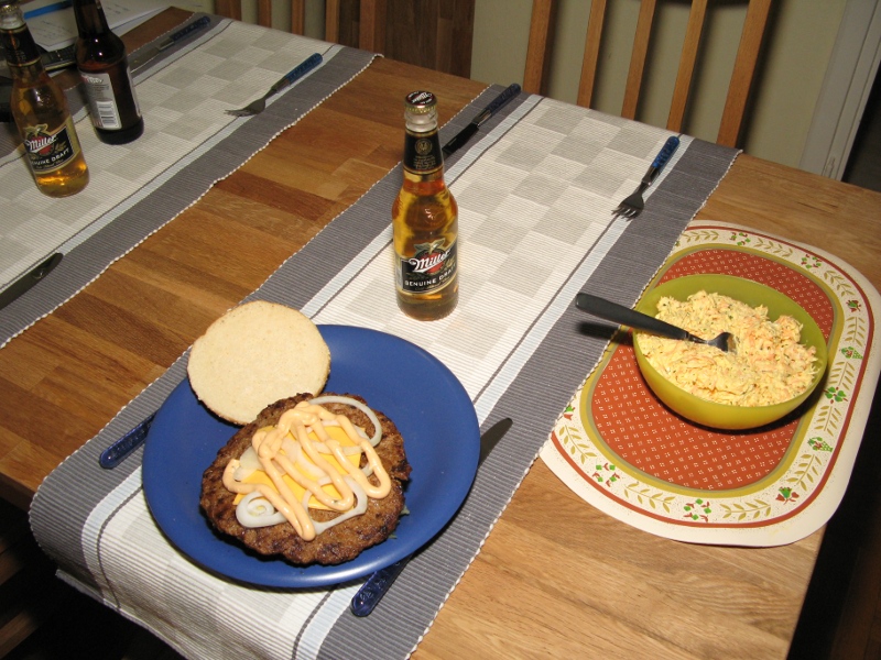One bear, one hamburger, one coleslaw. The survival kit.